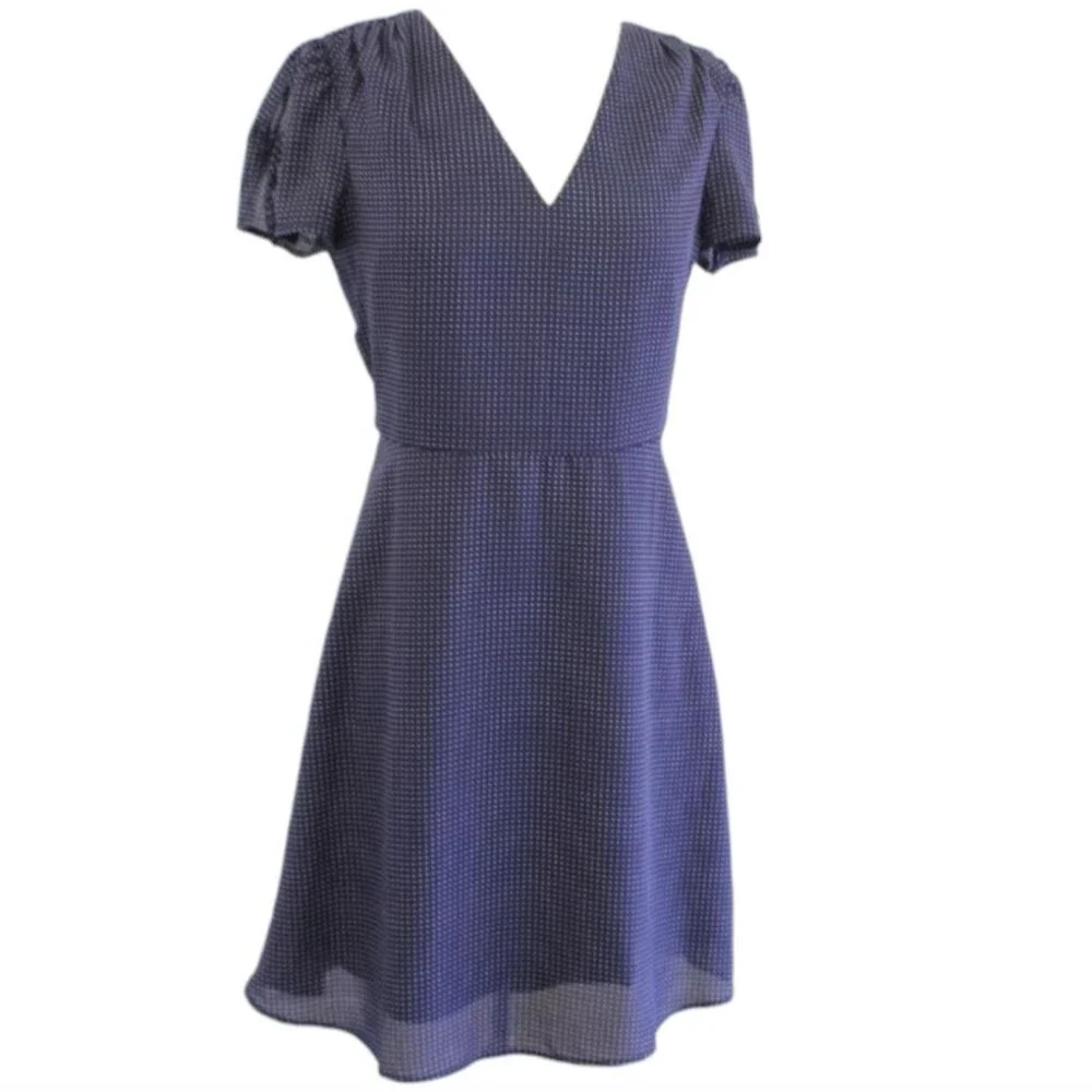 J. Crew Dress Mercantile Blue White‎ Polka Dot V Neck Short Sleeve Knee Length 2